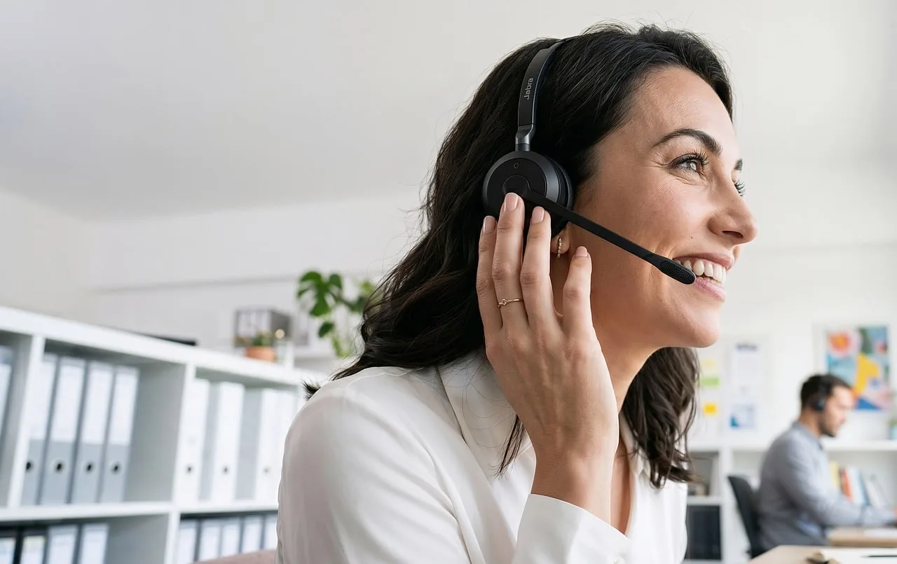 office, headset, smiling woman, headset microphone, workplace, interaction, call center, conversation, professional, communication, customer service, woman, smile, white shirt, satisfaction, working, happy worker, administrative, telephone call. Winning bookkeeping firm clients without a price war